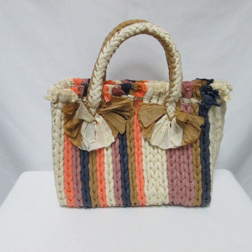 Vince Camuto Emei Woven Paper Satchel Tote Bag Purse removable strap striped NEW - Picture 9 of 14